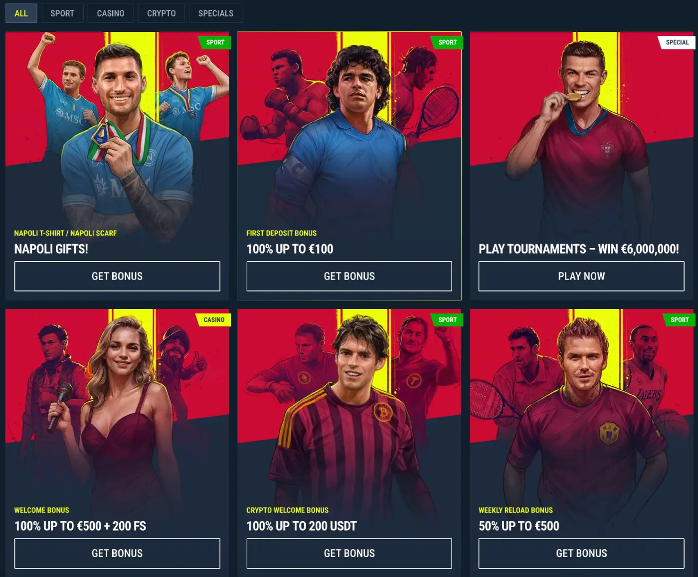 Οθόνη μπόνους Rabona Casino που δείχνει διάφορες προσφορές και παιχνίδια